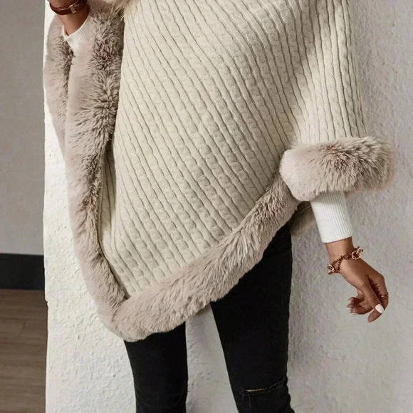Apricot Casual Women's Turtleneck Fuzzy Trim Batwing Sleeve Poncho Sweater - Picture 6 of 7